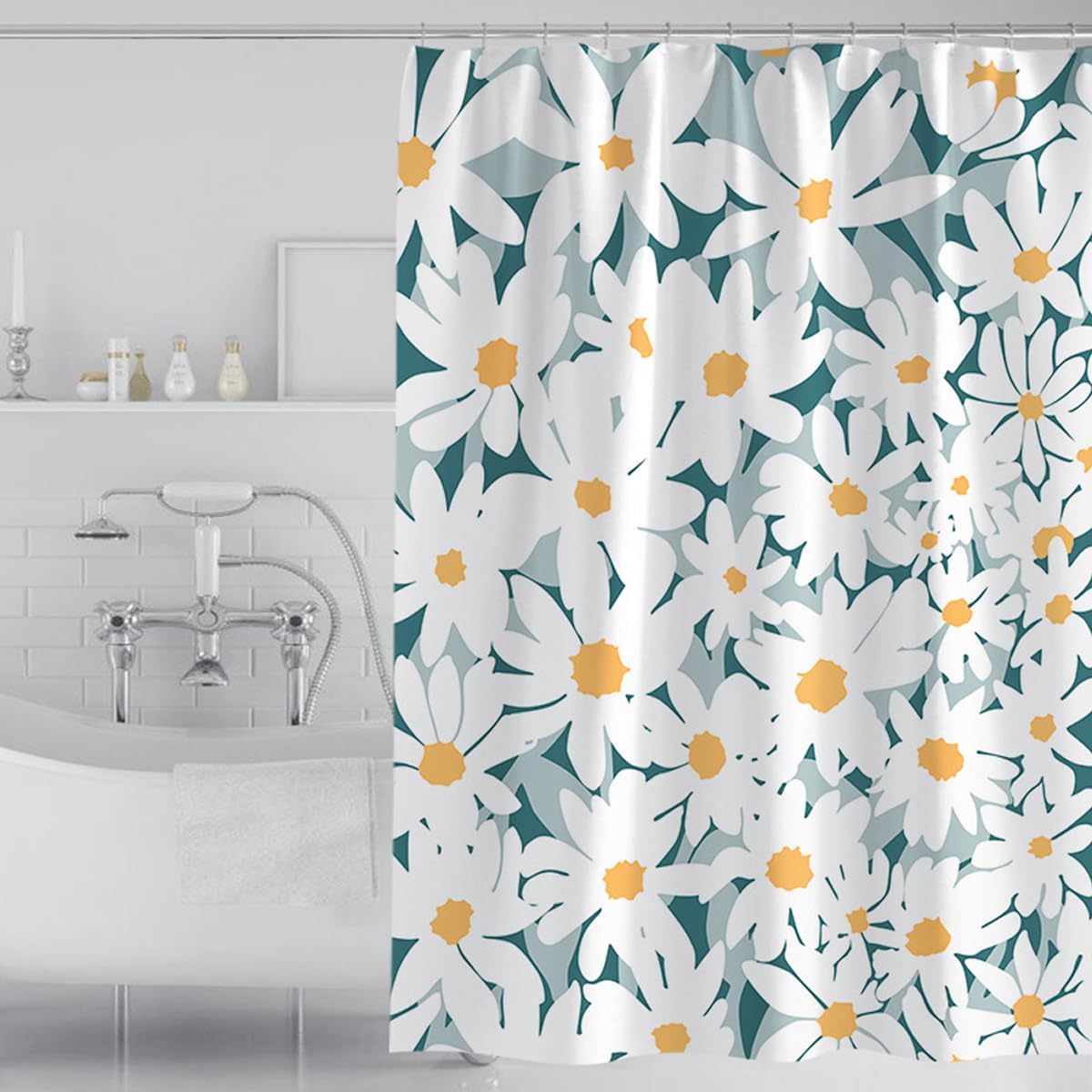 Jssevn - Moderner, Gemusterter Duschvorhang Aus Dickem, Wasserdichtem Polyestergewebe Mit Rostfreien Ösen (180 X 180 Cm, Farbe: Weißes Blumenmuster)
