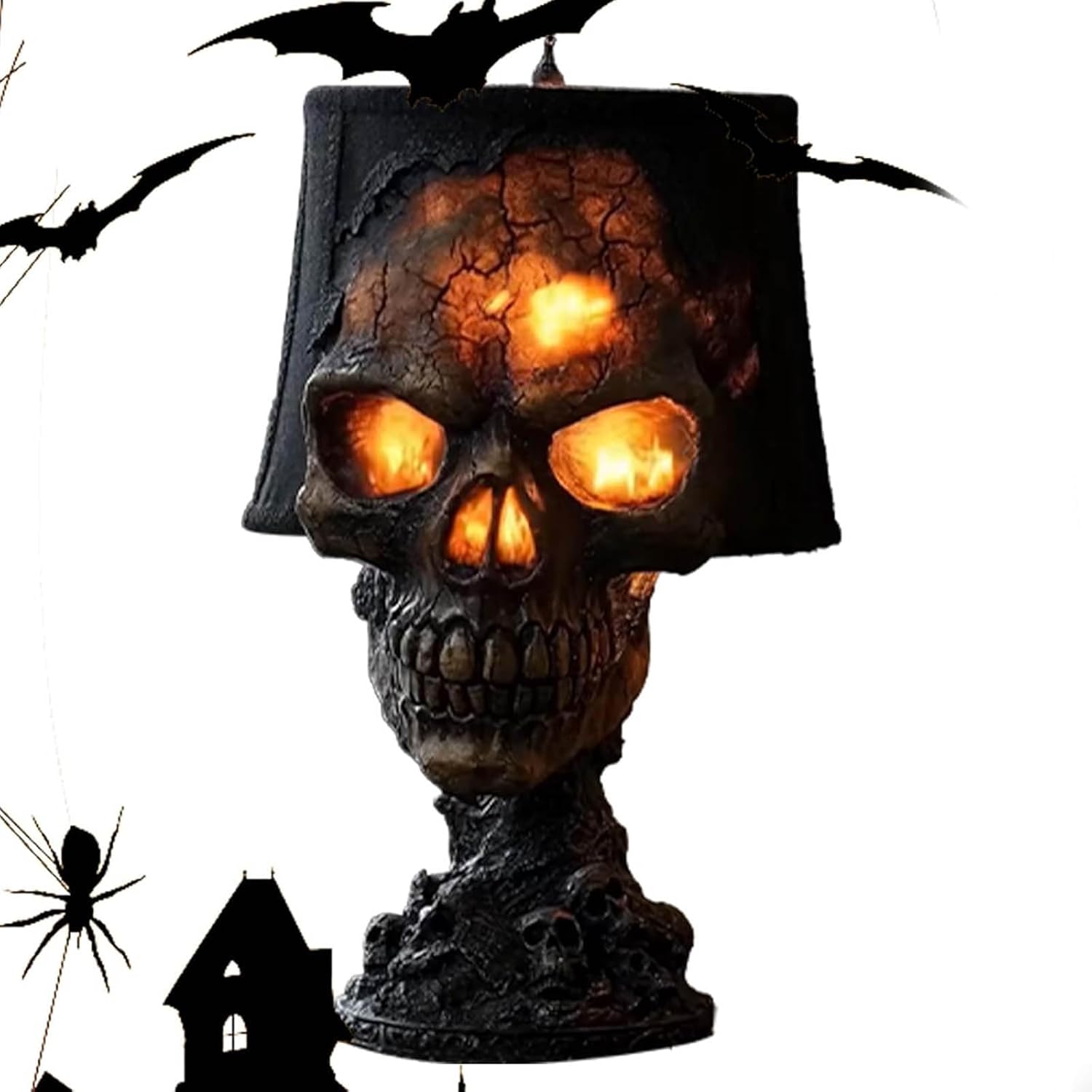 Jssevn - Totenkopf-tischleuchte, Gruselige Tischleuchte Aus Lavastein, Crackle-design, Led-totenkopf Mit Leuchtendem, Brennendem Effekt