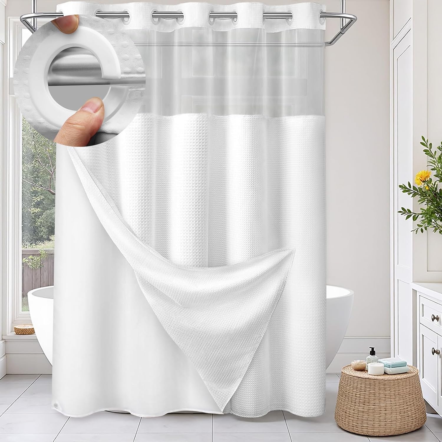 Jssevn - Hakenloser Duschvorhang Mit Futter, Weißer Waffelpiqué-duschvorhang Für Badezimmer, 205,7 X 180 Cm (h X B)
