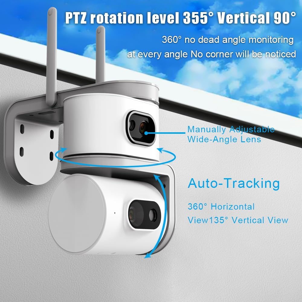 Jssevn - 4g 360°-überwachungskamera, Dual-4mp-hd-objektiv, Farbnachtsicht, Ip66 Wasser- Und Staubdicht, 355°/90° Ptz-kamera Mit Automatischer Ki-gestützter Verfolgung