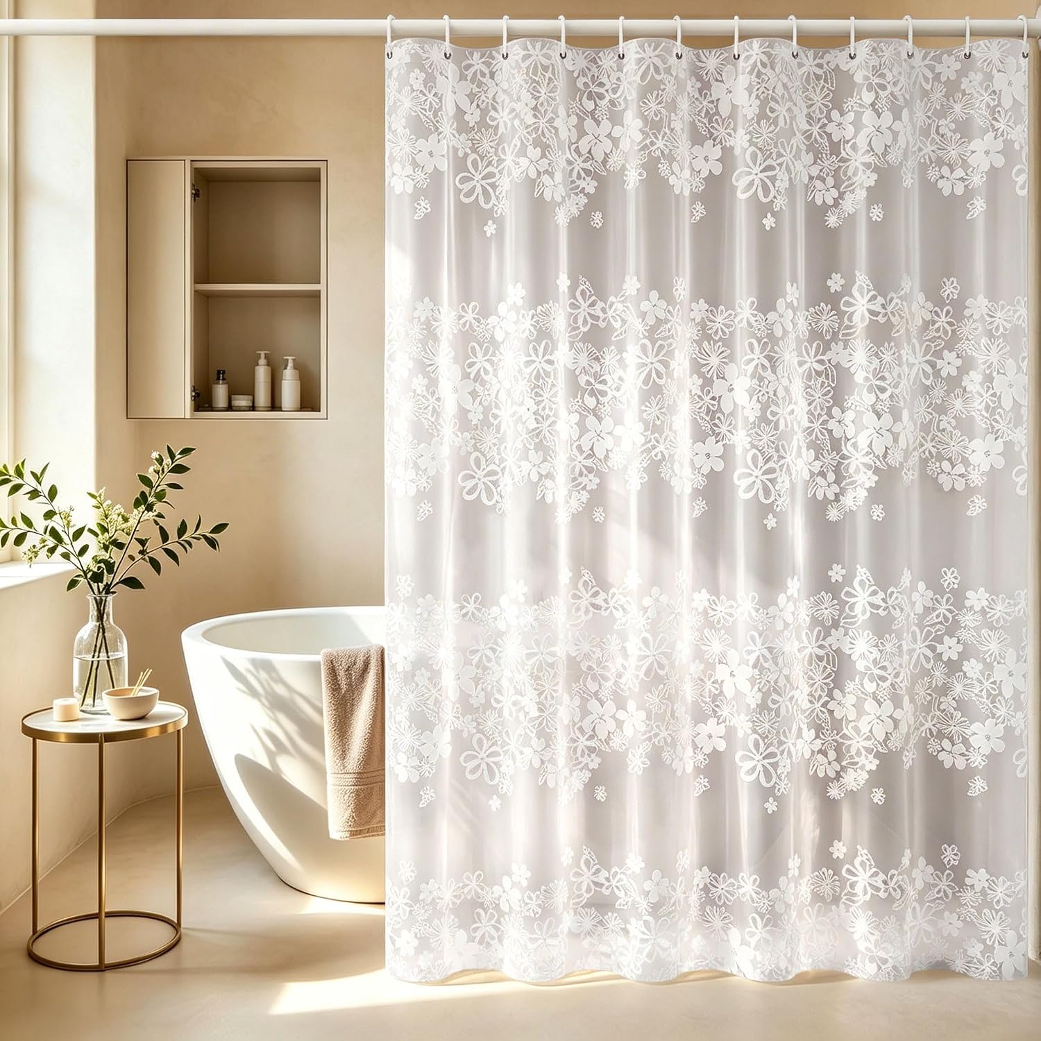 Jssevn - Wasserdichter, Schimmelresistenter Duschvorhang Mit Blumenmuster, 180 X 200 Cm, Waschbarer Weißer Duschvorhang Mit Blumenmuster, Badezimmer-duschvorhang Mit Ösenhaken
