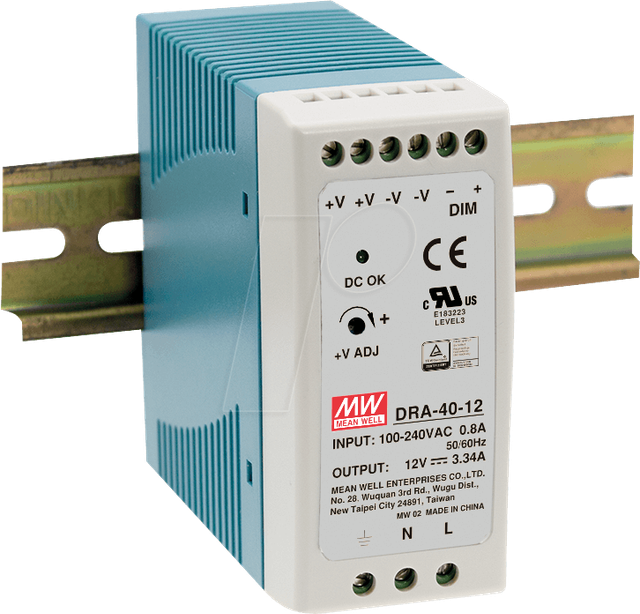 MW DRA-40-24 - Schaltnetzteil, Hutschiene, 40 W, 24 V, 1,7 A