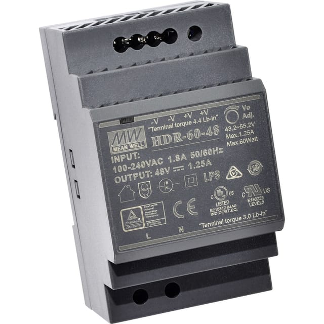 MW HDR-60-24 - Schaltnetzteil, Hutschiene, 60 W, 24 V, 2,5 A