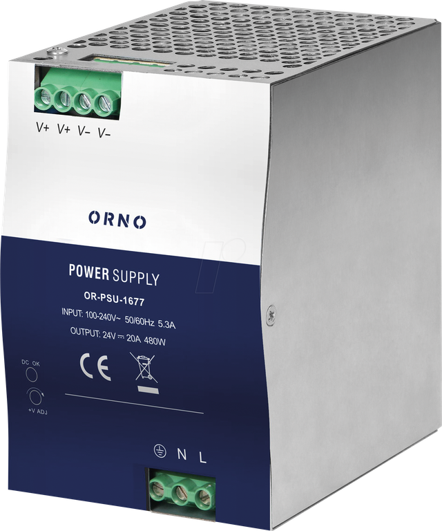 ORNO PSU-1677 - Schaltnetzteil, Hutschiene, 480 W, 24 V, 20 A, Metallgehäuse