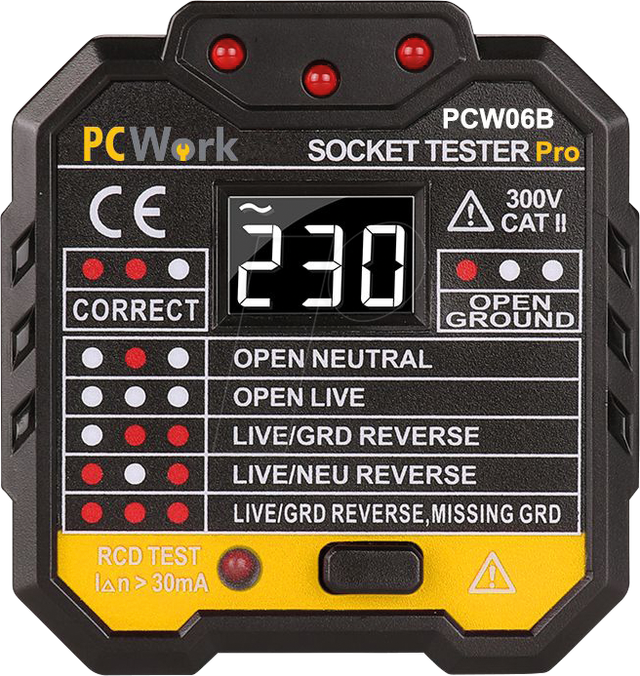 PCW 06B - Steckdosentester PCW06B, mit RCD Prüfung und LCD Display