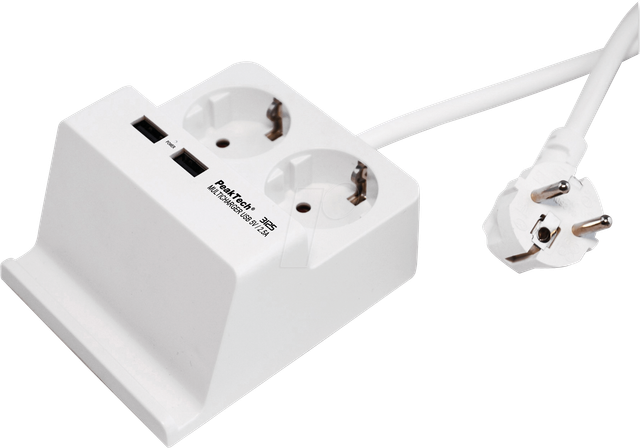 PEAKTECH 3125 - Tischsteckdose, 2-fach, Typ F, 2x USB, weiß