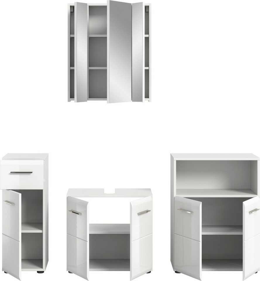 welltime Badmöbel-Set FLORENZ, 4-teilige Badkombination, hochwertige MDF-Front, (Set, Unterschrank, Waschbeckenunterschrank, Spiegelschrank, Midischrank), Bad-Kombination, Bad-Möbel, Badezimmer, Kombination, Kombi