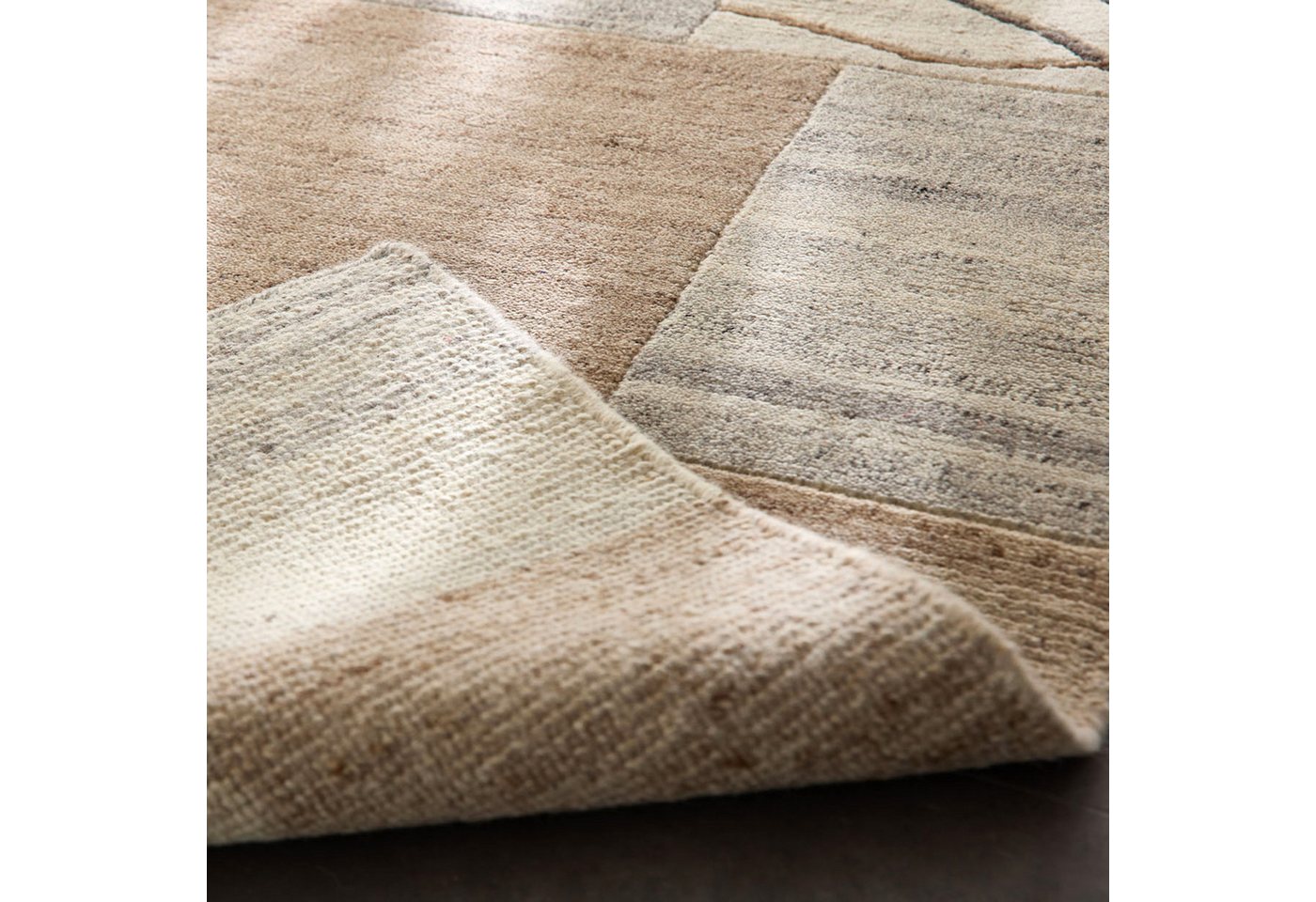 THEKO Wollteppich Nakarta 2, handgeknüpft, rechteckig, Höhe: 12 mm, reine Wolle, Naturtöne, Patchworkdesign, meliert, Wohnzimmer