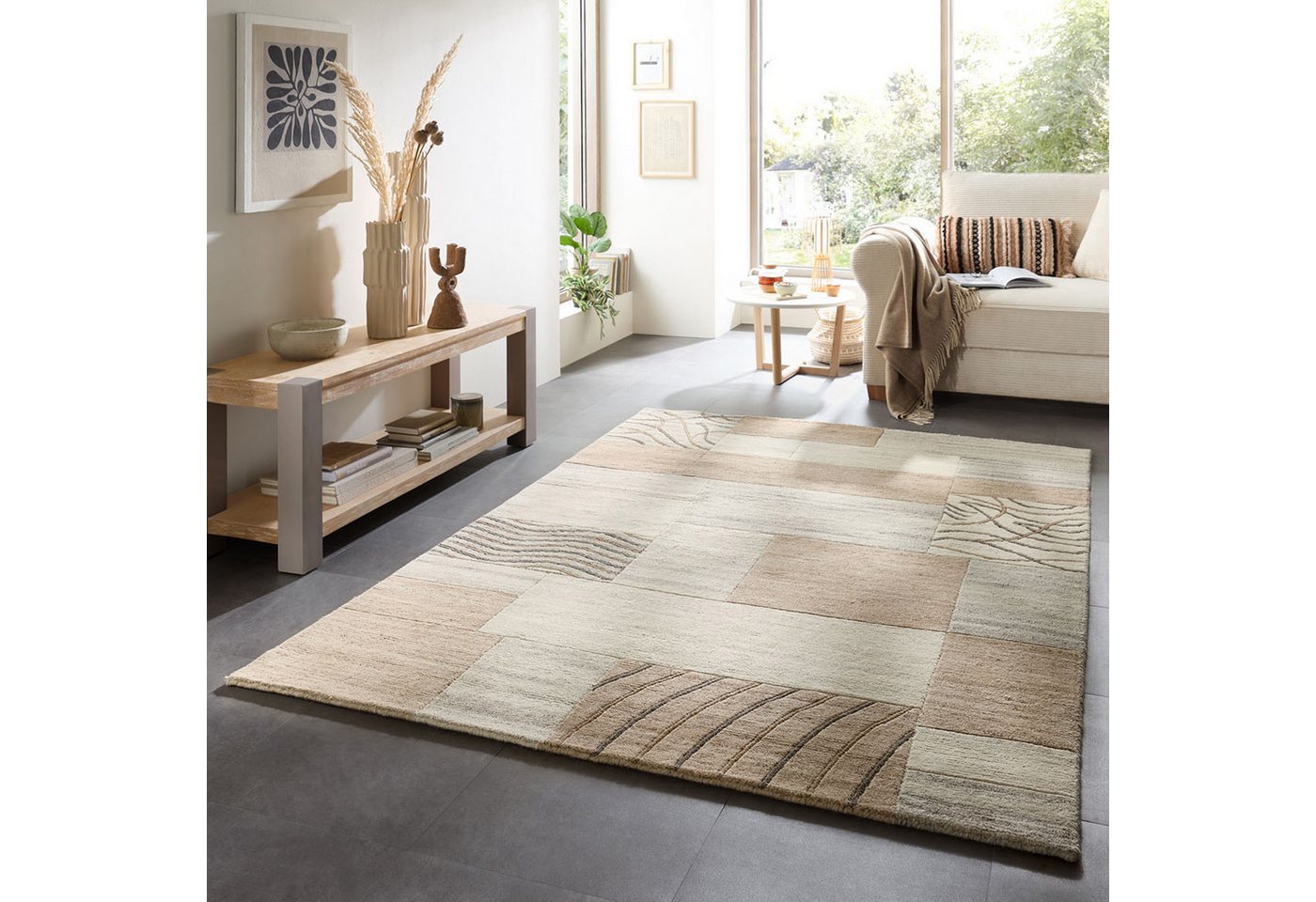 THEKO Wollteppich Nakarta 2, handgeknüpft, rechteckig, Höhe: 12 mm, reine Wolle, Naturtöne, Patchworkdesign, meliert, Wohnzimmer Bild 2