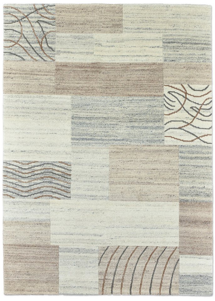 THEKO Wollteppich Nakarta 2, handgeknüpft, rechteckig, Höhe: 12 mm, reine Wolle, Naturtöne, Patchworkdesign, meliert, Wohnzimmer Bild 3