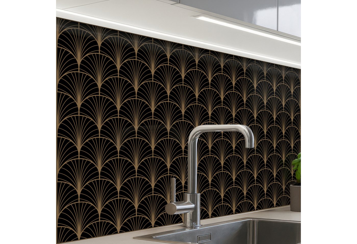 KitchenYeah Küchenrückwand Muster selbstklebend (keine Folie) Gold - Fächer - Schwarz, (1-tlg), Spritzschutz, Küche, Rückwand, Küchenwand, Küchenfront, 30x20 cm