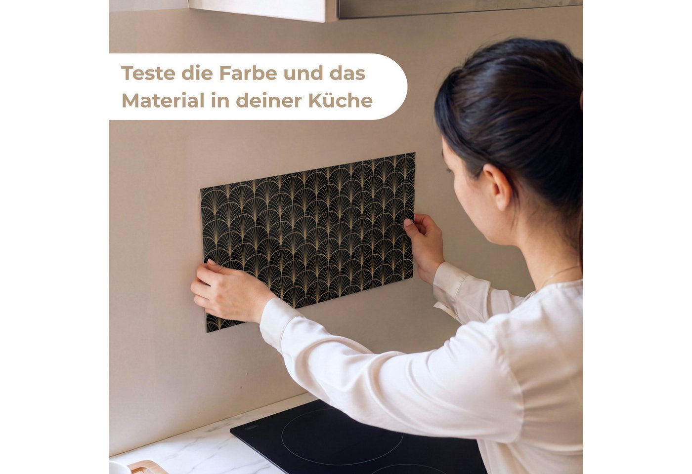 KitchenYeah Küchenrückwand Muster selbstklebend (keine Folie) Gold - Fächer - Schwarz, (1-tlg), Spritzschutz, Küche, Rückwand, Küchenwand, Küchenfront, 30x20 cm Bild 3