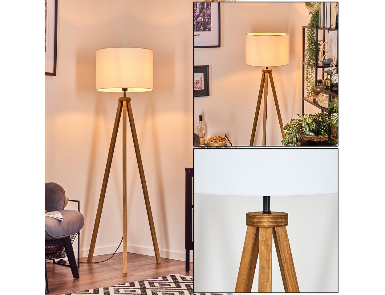 hofstein Stehlampe Stehlampe aus Holz/Stoff in Naturfarben/Weiß, ohne Leuchtmittel, mit rundem Schirm (40 cm) u. Fußschalter, 1 x E27, ohne Leuchtmittel