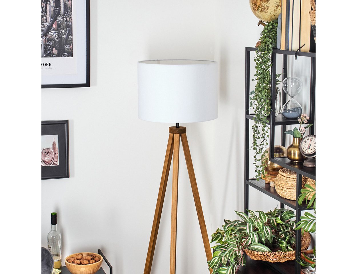 hofstein Stehlampe Stehlampe aus Holz/Stoff in Naturfarben/Weiß, ohne Leuchtmittel, mit rundem Schirm (40 cm) u. Fußschalter, 1 x E27, ohne Leuchtmittel Bild 3
