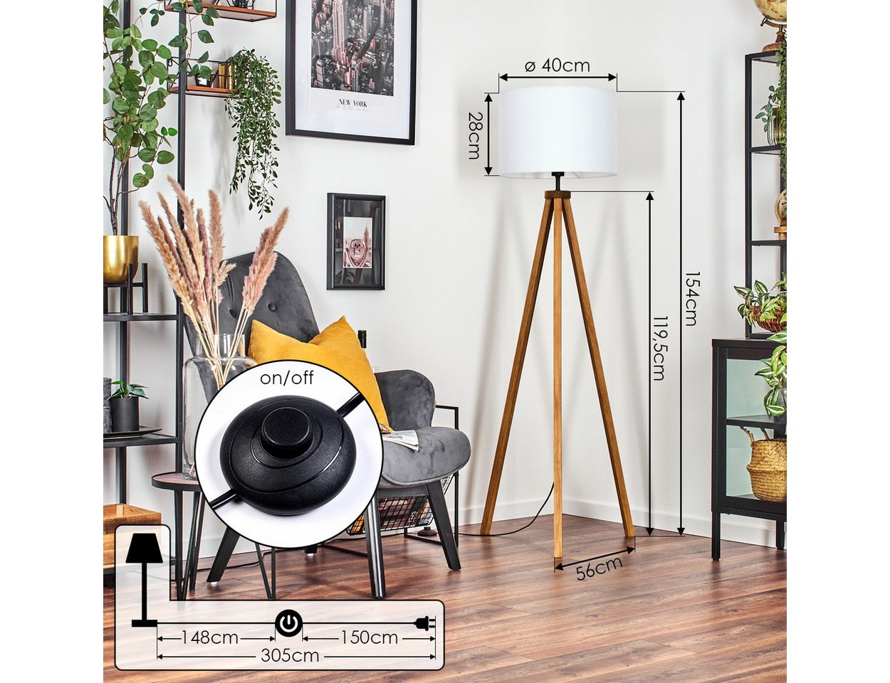 hofstein Stehlampe Stehlampe aus Holz/Stoff in Naturfarben/Weiß, ohne Leuchtmittel, mit rundem Schirm (40 cm) u. Fußschalter, 1 x E27, ohne Leuchtmittel Bild 5