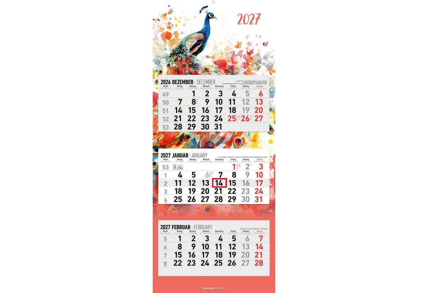 Wandkalender 3-Monatskalender Design 2027