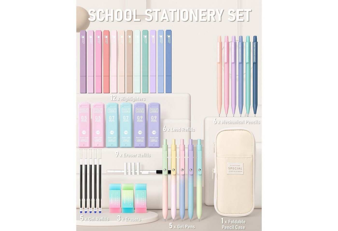 LuxusKollektion Druckbleistift Schulsachen Mäppchen Stifte Set Textmarker Gelstifte Creme Bild 2