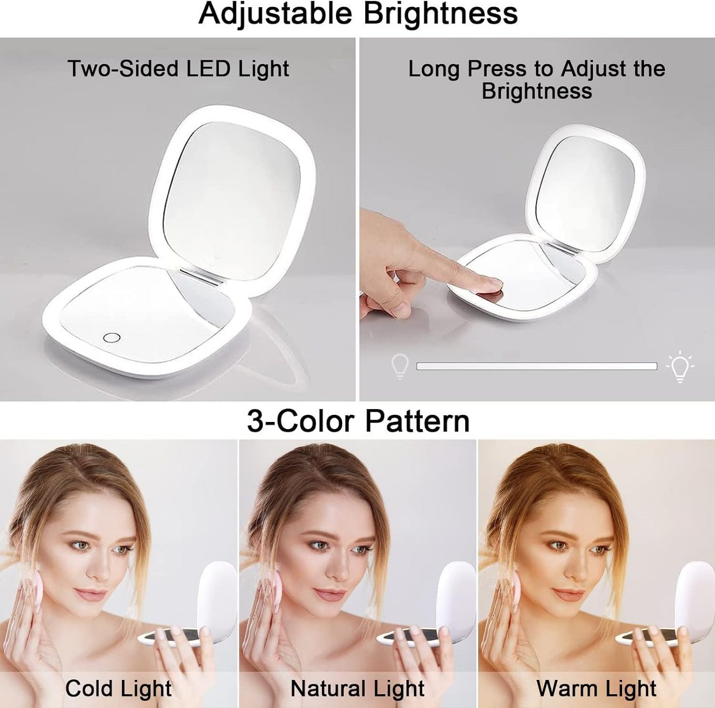 MOPUEA Kosmetikspiegel LED Schminkspiegel 1X 5X Vergrößerung Touch Licht 3 Lichtmodi Faltbar (LED Schminkspiegel mit 1X und 5X Vergrößerung und Touch Licht, Kompakter LED Spiegel mit 3 Lichtmodi und USB-C Ladekabel), 5X Detailansicht 3 Lichtmodi wiederaufladbar kompakt Reise geeignet Bild 3