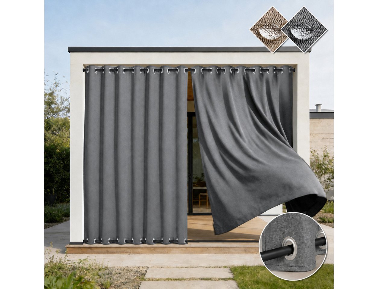 Rosnek Outdoorvorhang 100% Blickdicht & Wasserdicht - Verdunklungsvorhang mit Ösen, Sonnenschutz Sichtschutz für Balkon Terrasse, Leinenoptik Taupe/Grau Bild 2