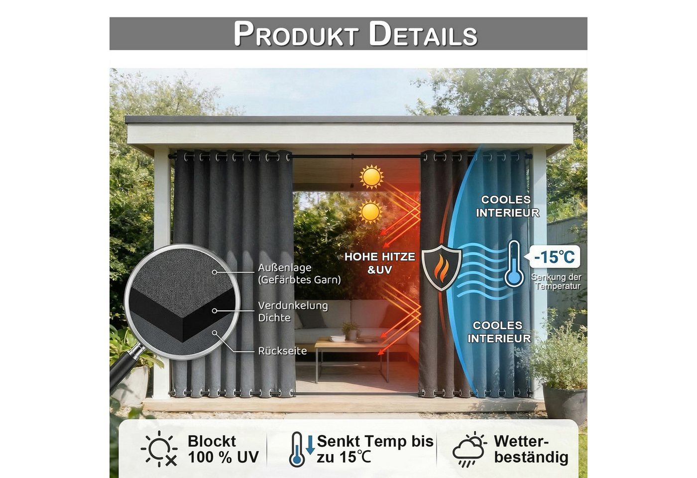 Rosnek Outdoorvorhang 100% Blickdicht & Wasserdicht - Verdunklungsvorhang mit Ösen, Sonnenschutz Sichtschutz für Balkon Terrasse, Leinenoptik Taupe/Grau Bild 5