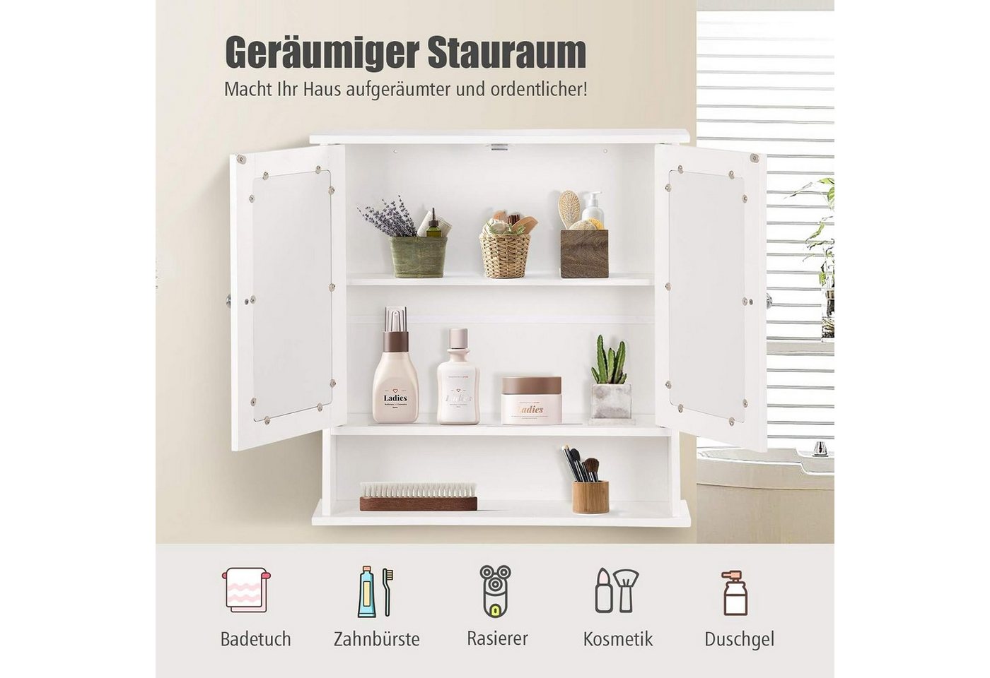 KOMFOTTEU Spiegelschrank Badezimmerspiegelschrank Wandschrank hängend,56 x 13 x 58 cm