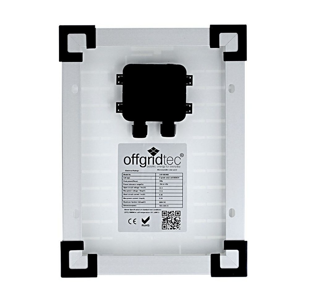 offgridtec Solarmodul Solarpanel, Monokristallin, 12V, 5W, 250x180x25mm, 5 W Bild 2