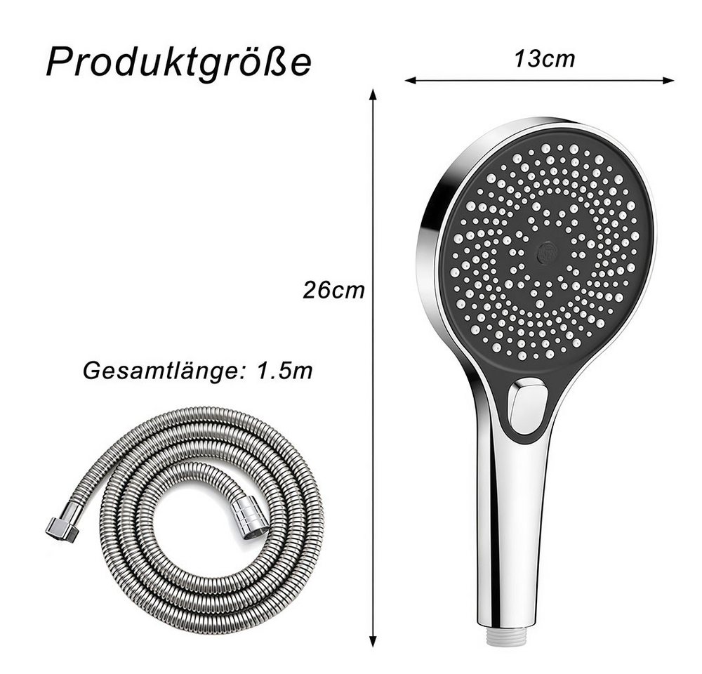 AFKSMILE Handbrause Hochdruck-Duschkopf mit 1.5 m langem Schlauch, 3 Düsentypen, Wassersparende Handbrause, 13 cm Duschbrause mit Antikalk-Funktion