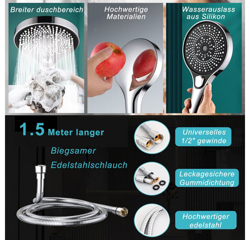 AFKSMILE Handbrause Hochdruck-Duschkopf mit 1.5 m langem Schlauch, 3 Düsentypen, Wassersparende Handbrause, 13 cm Duschbrause mit Antikalk-Funktion Bild 2