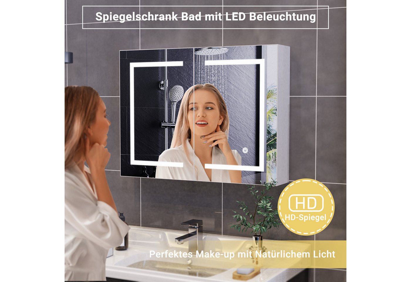 zebery Spiegelschrank Badezimmerschrank mit LED-Beleuchtung (Set, 1-St., Badezimmerspiegelschrank mit Spiegel und 2 Türen) Wandschrank mit 3 Ablage, Touchschalter, 60 x 80 x 14 cm