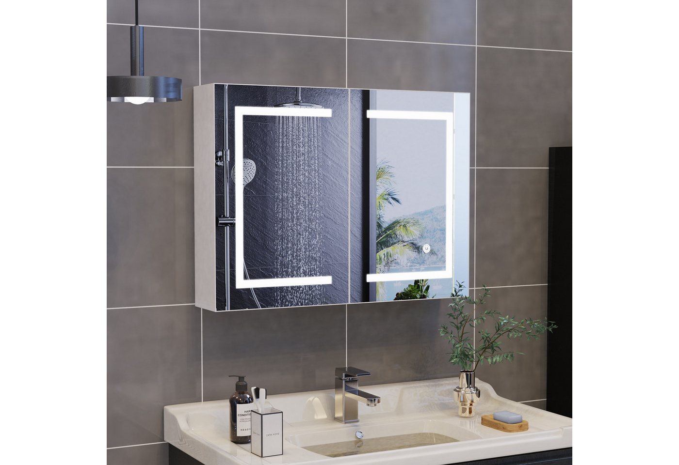 zebery Spiegelschrank Badezimmerschrank mit LED-Beleuchtung (Set, 1-St., Badezimmerspiegelschrank mit Spiegel und 2 Türen) Wandschrank mit 3 Ablage, Touchschalter, 60 x 80 x 14 cm Bild 4