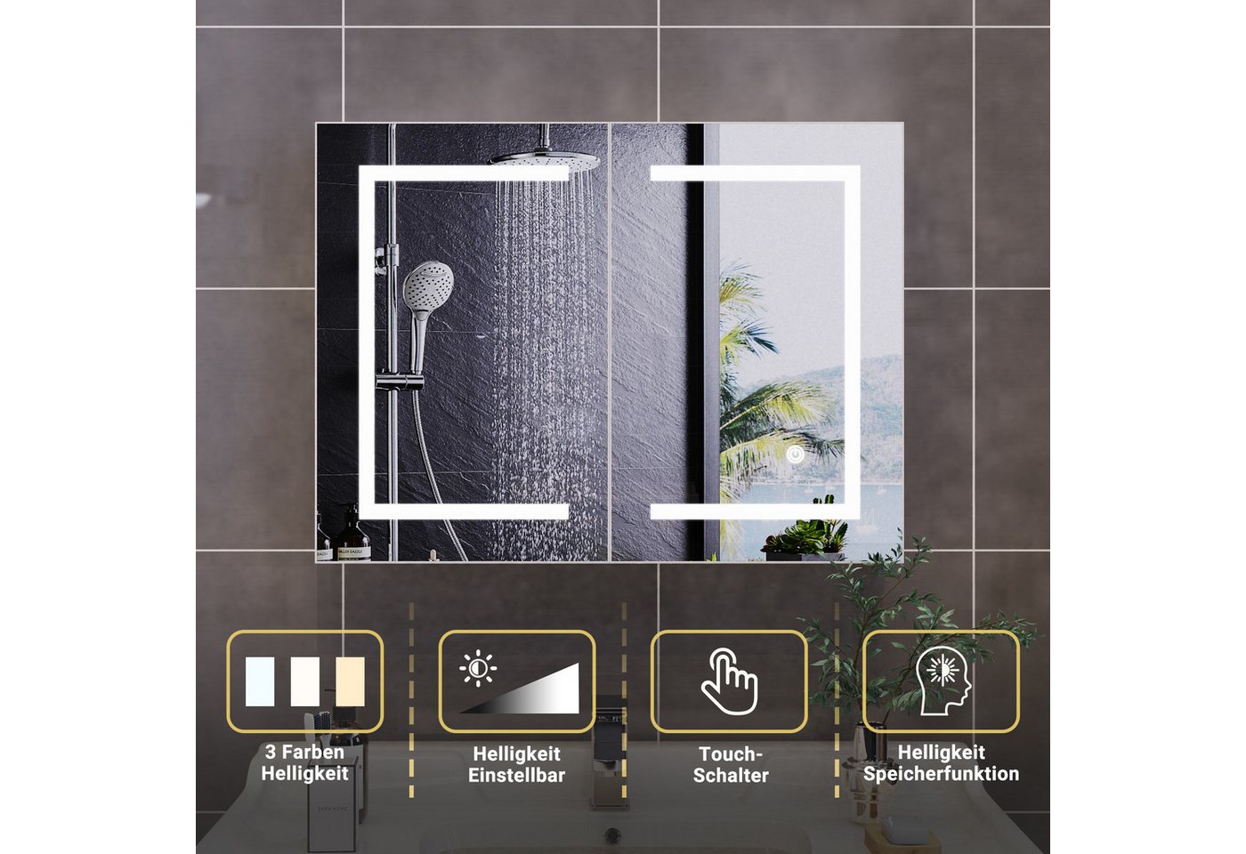 zebery Spiegelschrank Badezimmerschrank mit LED-Beleuchtung (Set, 1-St., Badezimmerspiegelschrank mit Spiegel und 2 Türen) Wandschrank mit 3 Ablage, Touchschalter, 60 x 80 x 14 cm Bild 5