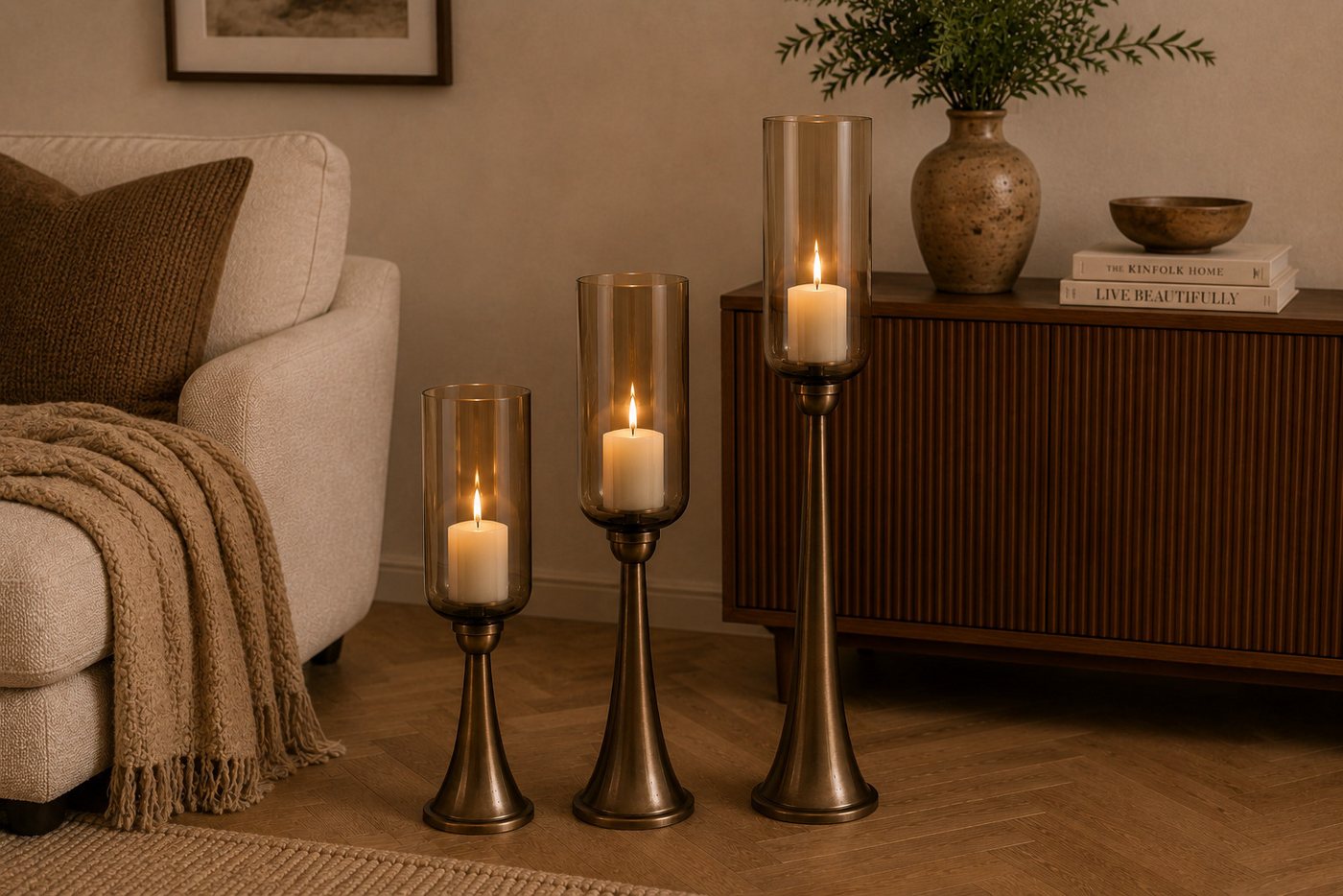 finehomegarden Bodenwindlicht Kerzenständer Säule Bronze mit Glas Hurricane Windlicht Metall & Glas (Stück, 1 St), H110cm Boden-Kerzenhalter für Wohnzimmer, Flur & Eventdekoration Bild 3