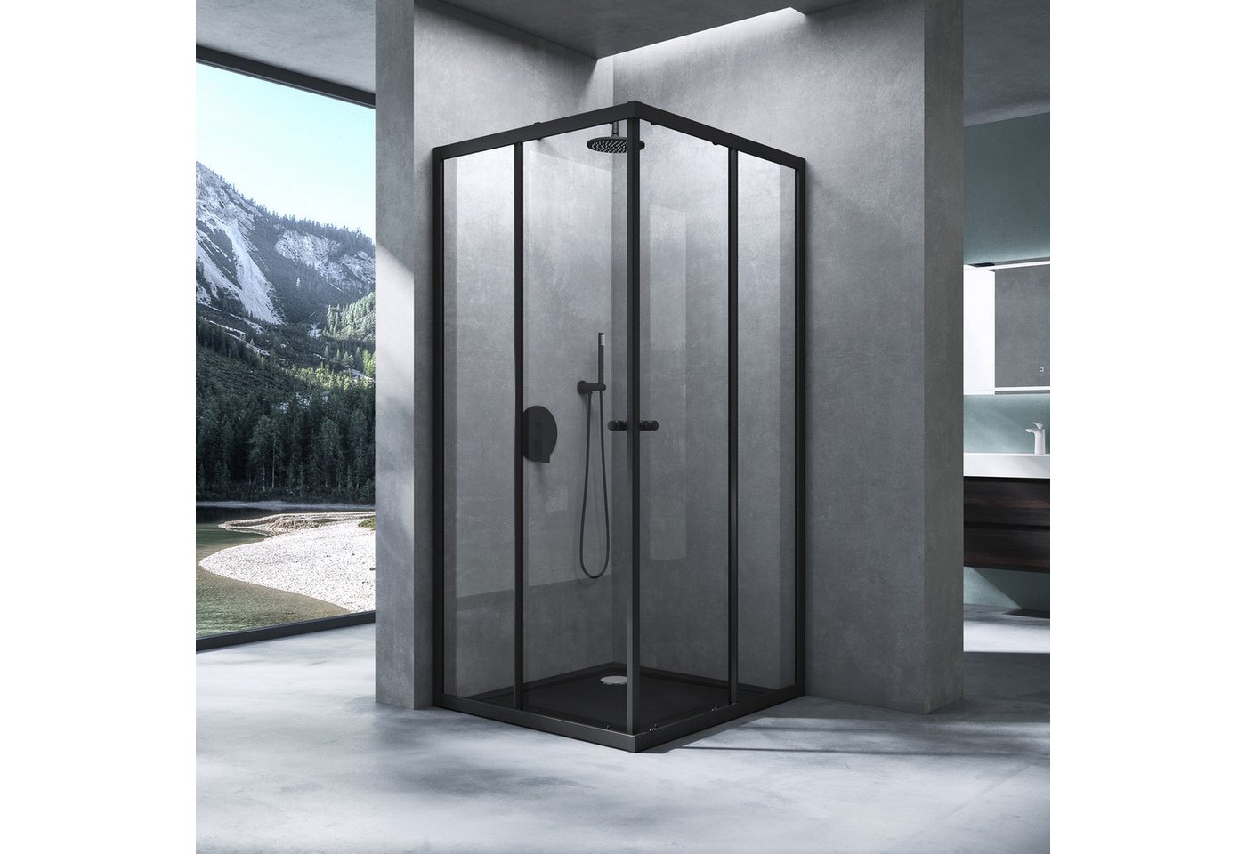 Mai & Mai Eckdusche Duschkabine mit Doppel-Schiebetür ESG-Glas mit Nano-Beschichtung R16K, BxT: 75x70 cm, Einscheibensicherheitsglas (ESG), Mit Aluminiumrahmen, Magnetdichtung und ebenerdiger Montage möglich