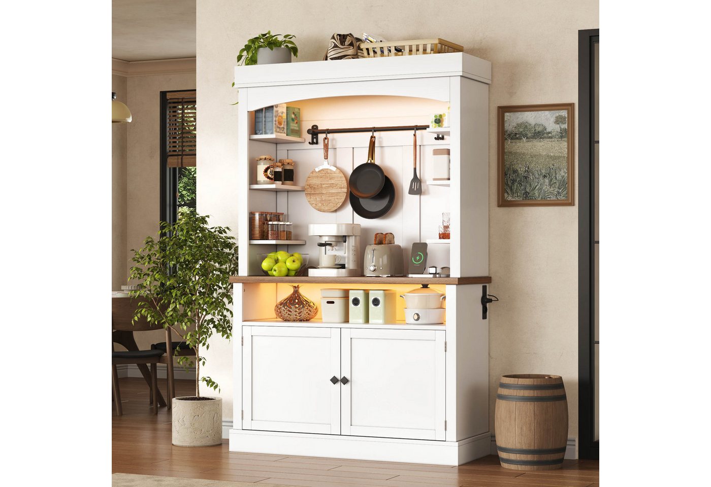 Flieks Küchenbuffet mit Steckdose, LED-Beleuchtung, Haken und Ablagen (1-St., 106x43x183 cm) Hochschrank Küchenschrank Buffetschrank mit Arbeitsplatte Weiß