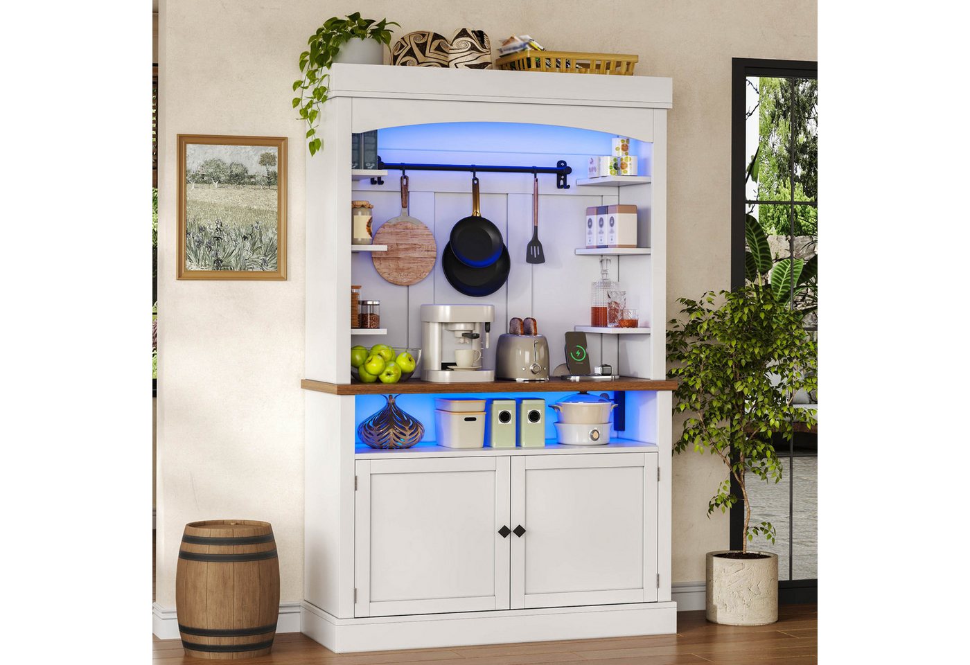 Flieks Küchenbuffet mit Steckdose, LED-Beleuchtung, Haken und Ablagen (1-St., 106x43x183 cm) Hochschrank Küchenschrank Buffetschrank mit Arbeitsplatte Weiß Bild 2