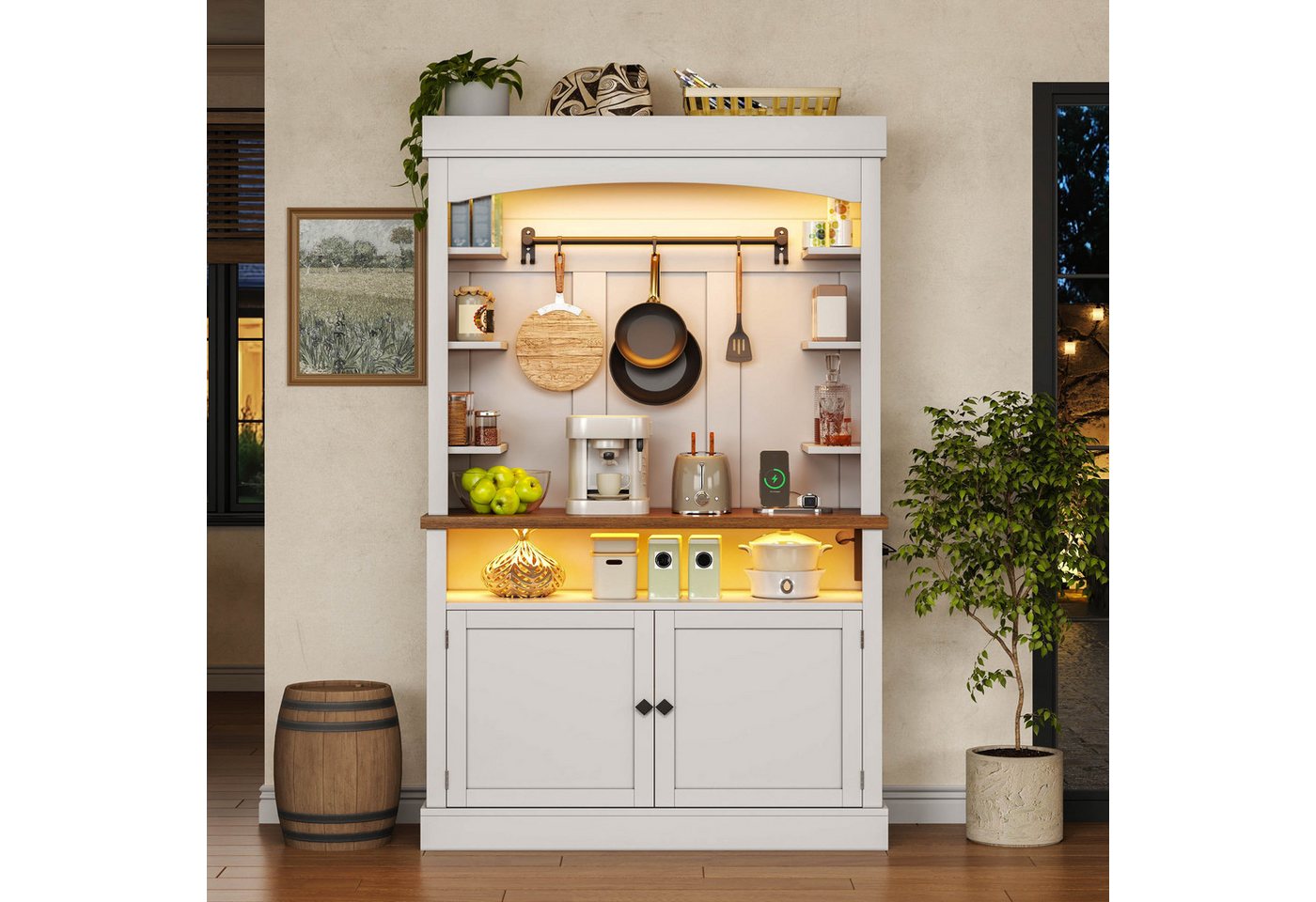 Flieks Küchenbuffet mit Steckdose, LED-Beleuchtung, Haken und Ablagen (1-St., 106x43x183 cm) Hochschrank Küchenschrank Buffetschrank mit Arbeitsplatte Weiß Bild 3