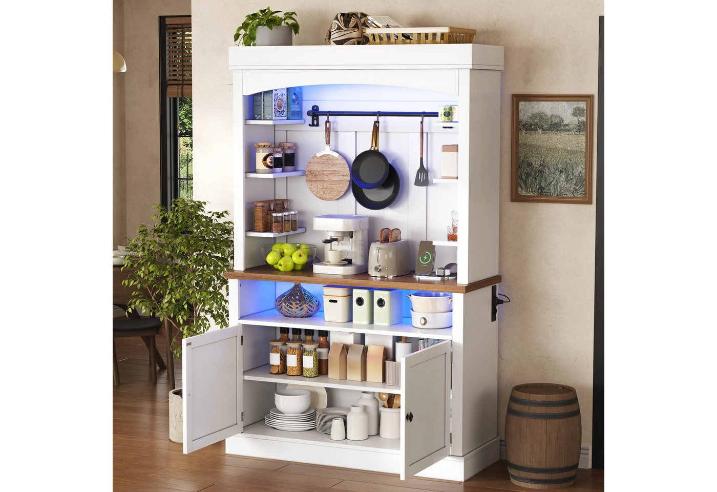 Flieks Küchenbuffet mit Steckdose, LED-Beleuchtung, Haken und Ablagen (1-St., 106x43x183 cm) Hochschrank Küchenschrank Buffetschrank mit Arbeitsplatte Weiß Bild 4