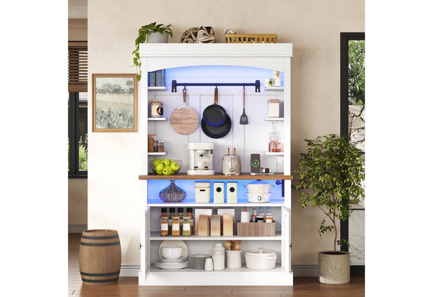 Flieks Küchenbuffet mit Steckdose, LED-Beleuchtung, Haken und Ablagen (1-St., 106x43x183 cm) Hochschrank Küchenschrank Buffetschrank mit Arbeitsplatte Weiß Bild 5