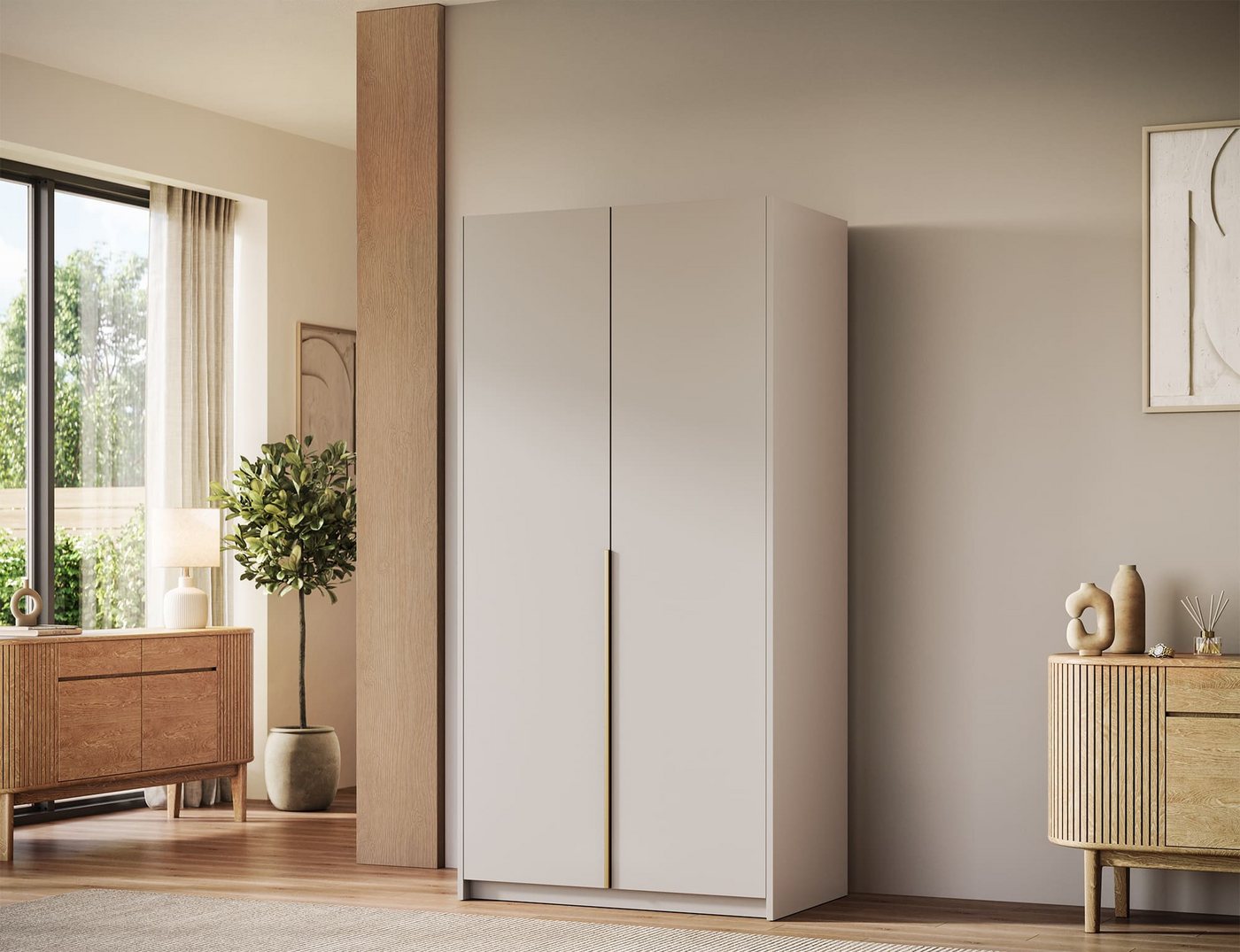 MOEBLO Drehtürenschrank Nordheim II (Kleiderschrank, 2-türig, mit Kleiderstange und 6 Einlegeböden, optional mit Aufsatzschrank, 100 cm breit, Kaschmir, Weiß oder Artisan-Eiche) (BxHxT):100 x 204/250 x 58 cm