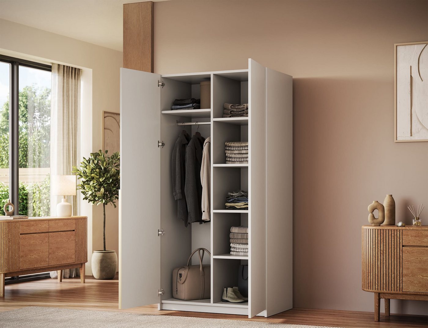MOEBLO Drehtürenschrank Nordheim II (Kleiderschrank, 2-türig, mit Kleiderstange und 6 Einlegeböden, optional mit Aufsatzschrank, 100 cm breit, Kaschmir, Weiß oder Artisan-Eiche) (BxHxT):100 x 204/250 x 58 cm Bild 4