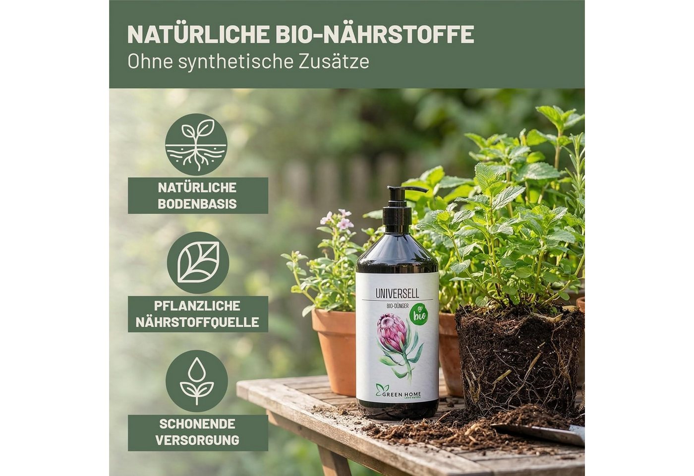 GREEN HOME LOVE NATURE Universaldünger Bio-Dünger flüssig NPK 3+2+6 für Zimmer-, Balkon- & Gartenpflanzen, Universell, 100 % bio, organisch-mineralisch, extra Kalium, Dosierpumpe Bild 2
