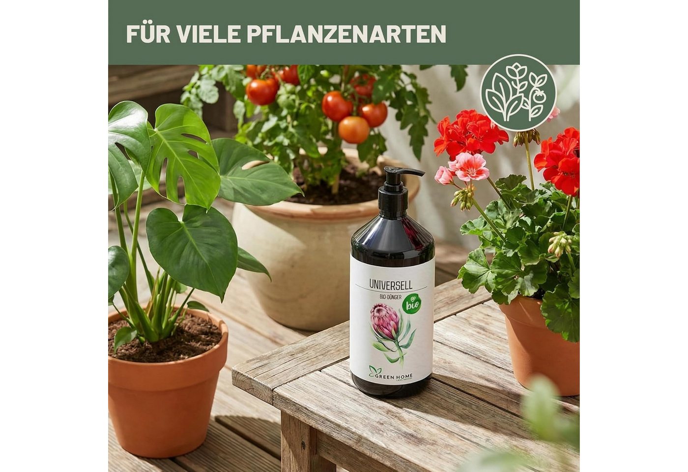 GREEN HOME LOVE NATURE Universaldünger Bio-Dünger flüssig NPK 3+2+6 für Zimmer-, Balkon- & Gartenpflanzen, Universell, 100 % bio, organisch-mineralisch, extra Kalium, Dosierpumpe Bild 3