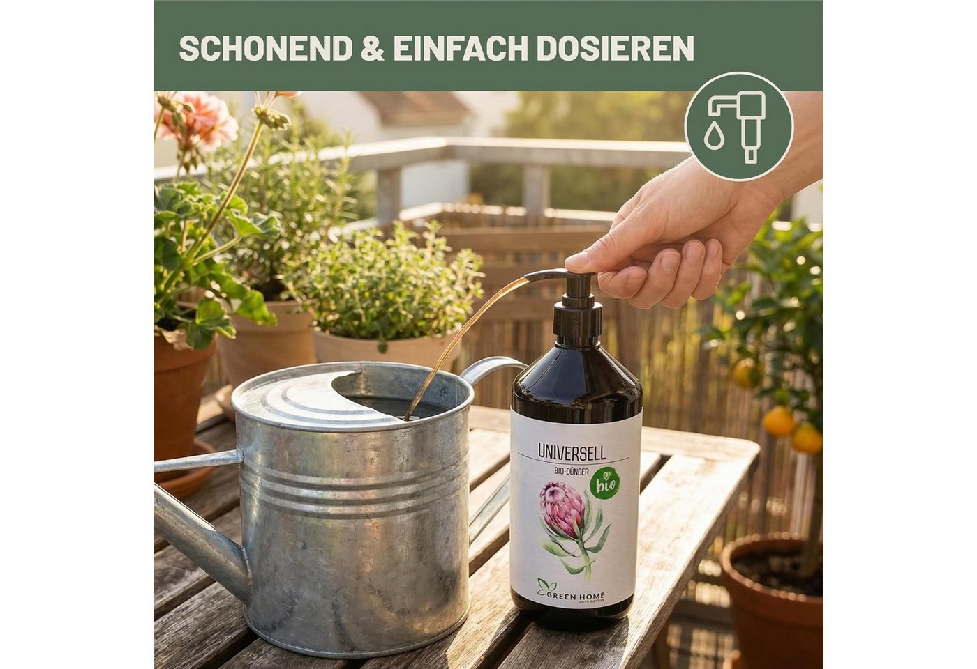 GREEN HOME LOVE NATURE Universaldünger Bio-Dünger flüssig NPK 3+2+6 für Zimmer-, Balkon- & Gartenpflanzen, Universell, 100 % bio, organisch-mineralisch, extra Kalium, Dosierpumpe Bild 5