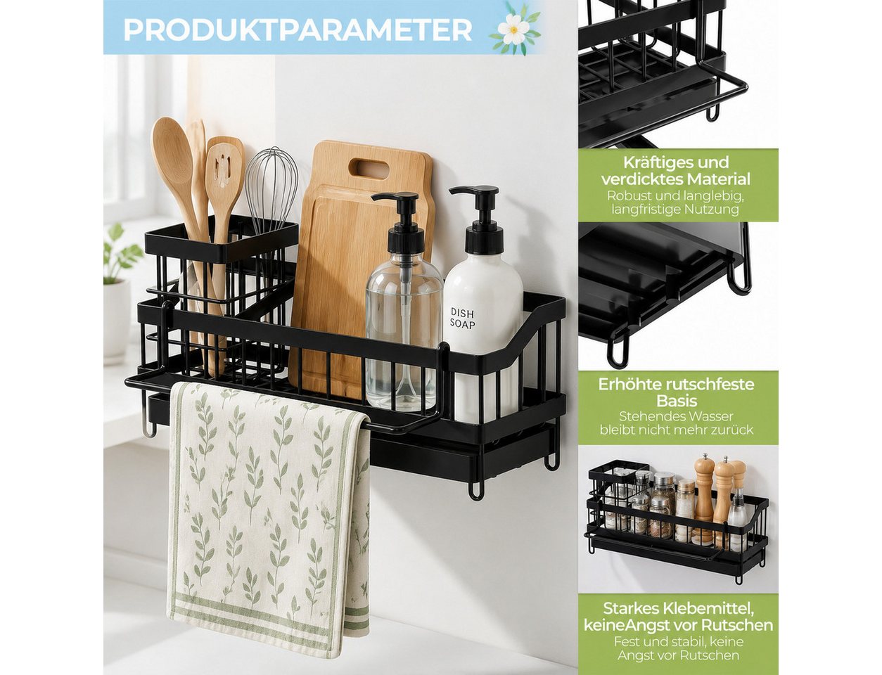 GLIESE POWER Küchenorganizer-Set Spülen-Organizer mit Entwässerung, rostfrei & platzsparend für Küche, für Spüle, Arbeitsplatte, Badezimmer, Waschraum, Küche, 24,5x9x13 cm Bild 2