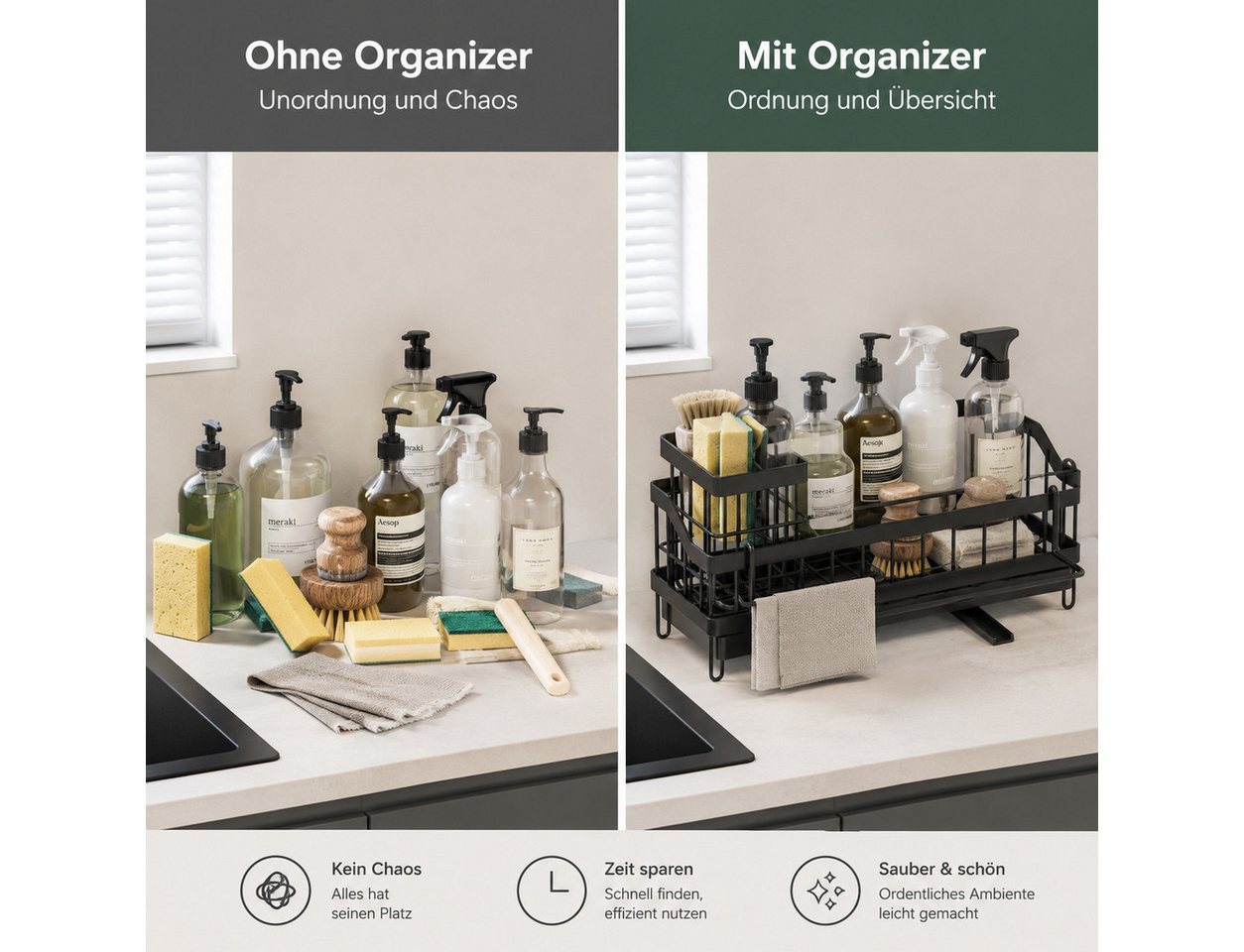 GLIESE POWER Küchenorganizer-Set Spülen-Organizer mit Entwässerung, rostfrei & platzsparend für Küche, für Spüle, Arbeitsplatte, Badezimmer, Waschraum, Küche, 24,5x9x13 cm Bild 4