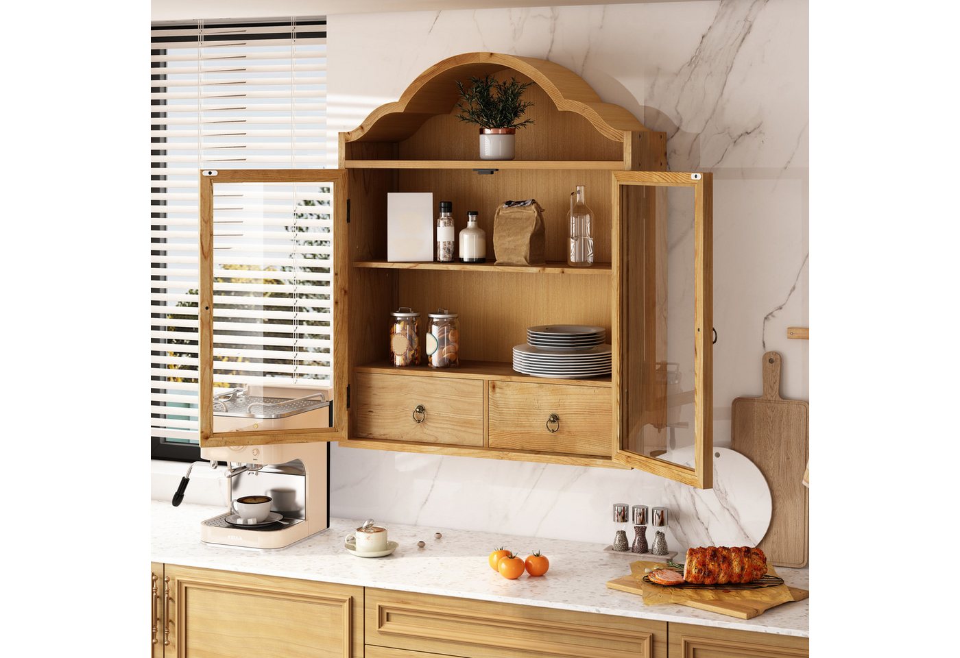 Celya Hängeschrank Retro Wandschrank Mit Geschwungenem Wellendach Und Schubladen (Einsetzbar Für Küche, Badezimmer, Esszimmer Und Wohnzimmer) mit verstellbaren Einlegeböden, 2 Türen, 2 Schubladen