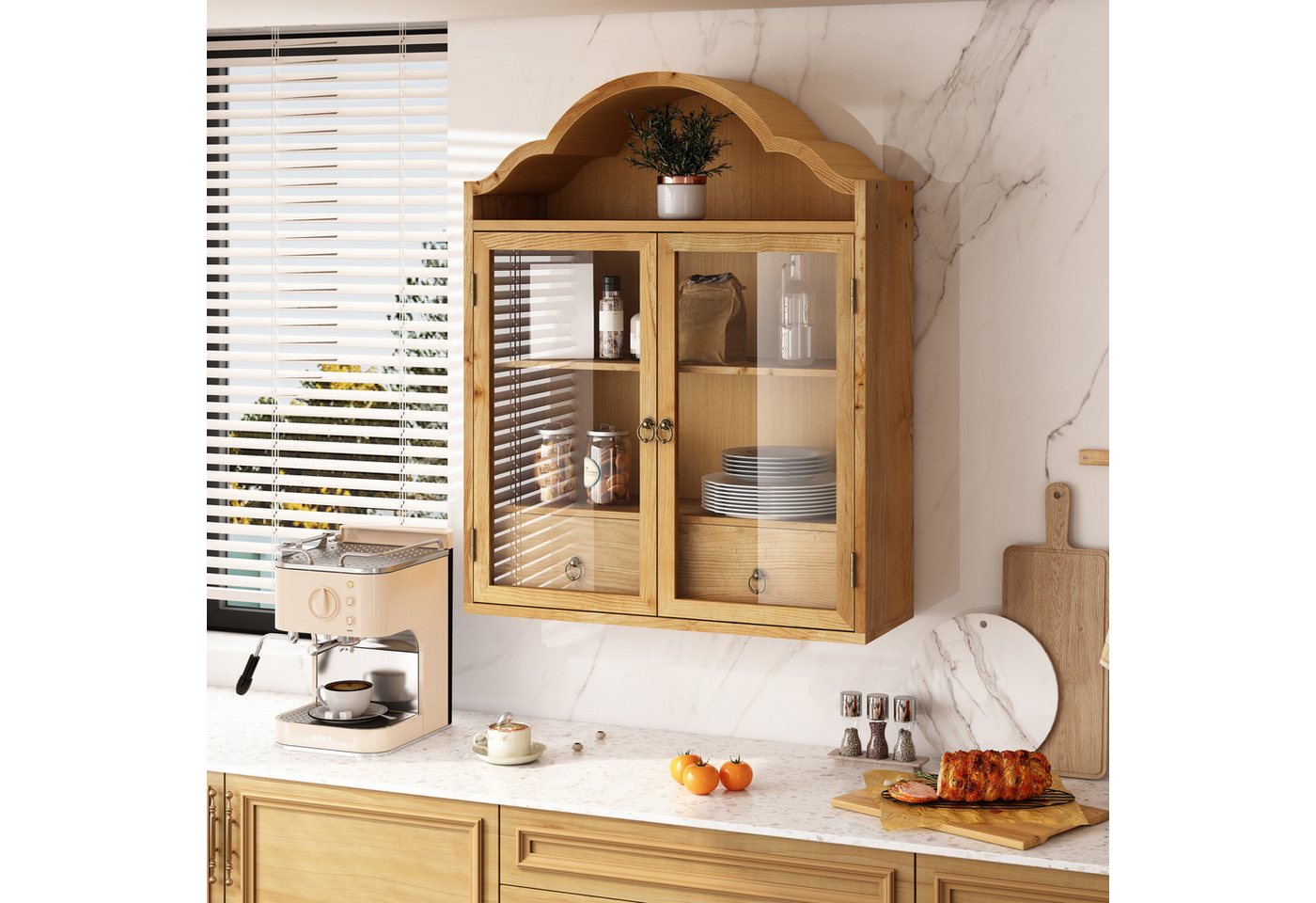 Celya Hängeschrank Retro Wandschrank Mit Geschwungenem Wellendach Und Schubladen (Einsetzbar Für Küche, Badezimmer, Esszimmer Und Wohnzimmer) mit verstellbaren Einlegeböden, 2 Türen, 2 Schubladen Bild 2