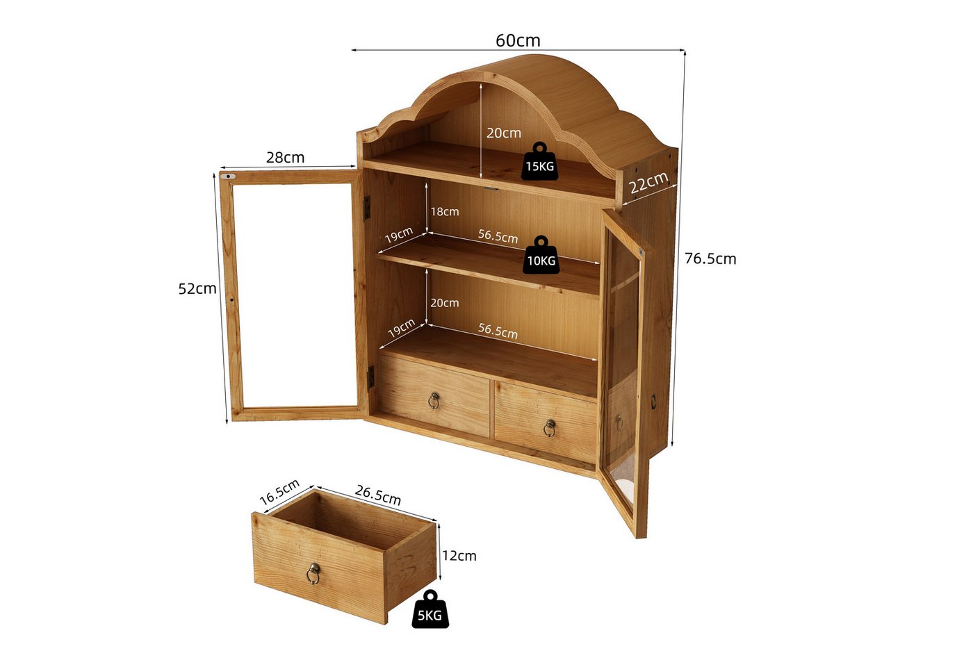 Celya Hängeschrank Retro Wandschrank Mit Geschwungenem Wellendach Und Schubladen (Einsetzbar Für Küche, Badezimmer, Esszimmer Und Wohnzimmer) mit verstellbaren Einlegeböden, 2 Türen, 2 Schubladen Bild 3