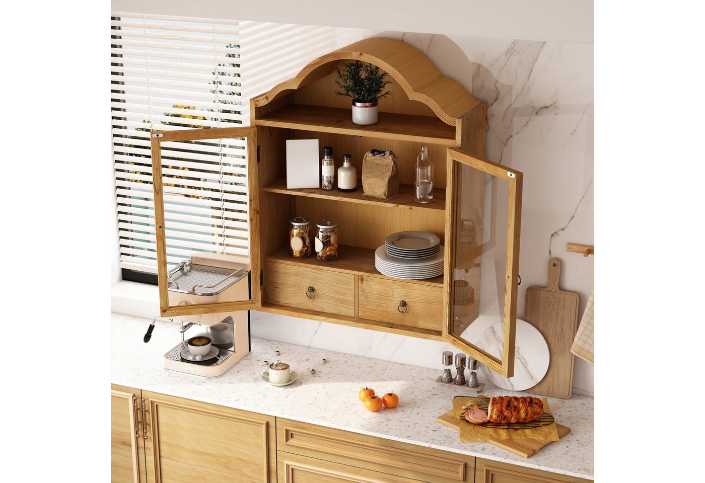 Celya Hängeschrank Retro Wandschrank Mit Geschwungenem Wellendach Und Schubladen (Einsetzbar Für Küche, Badezimmer, Esszimmer Und Wohnzimmer) mit verstellbaren Einlegeböden, 2 Türen, 2 Schubladen Bild 4