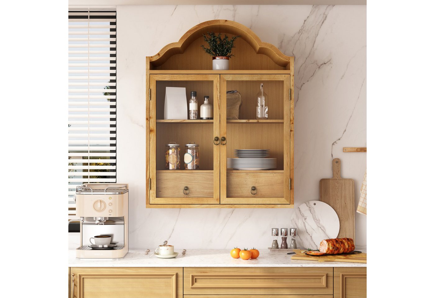 Celya Hängeschrank Retro Wandschrank Mit Geschwungenem Wellendach Und Schubladen (Einsetzbar Für Küche, Badezimmer, Esszimmer Und Wohnzimmer) mit verstellbaren Einlegeböden, 2 Türen, 2 Schubladen Bild 5